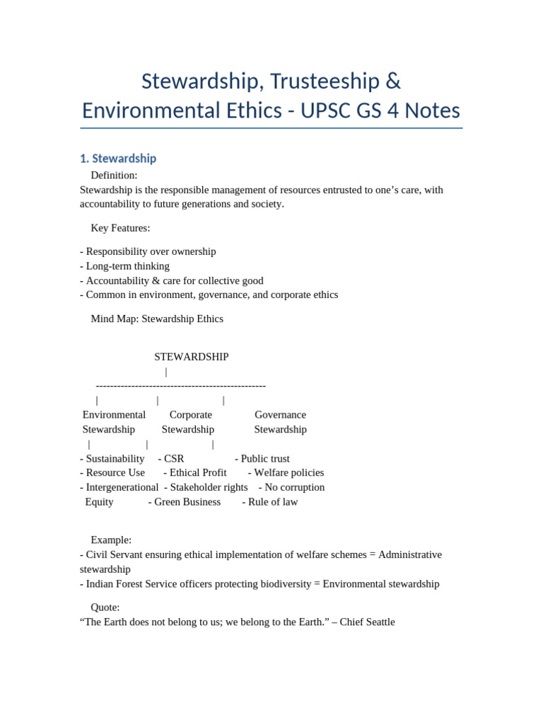 Stewardship Trusteeship Environmental Ethics Upsc Gs4 Notes Pdf