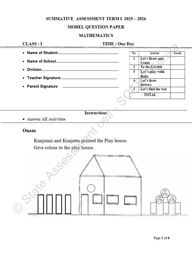 Class I Mathematics Model Question Paper | PDF