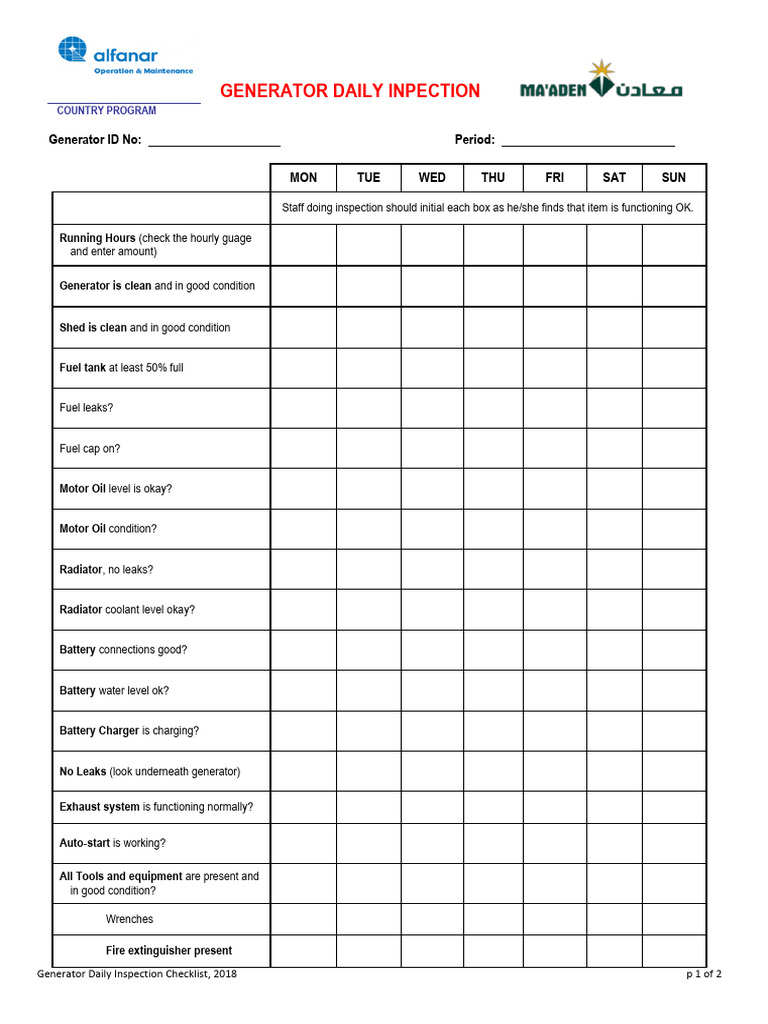 Daily Generator Inspection Checklist | PDF