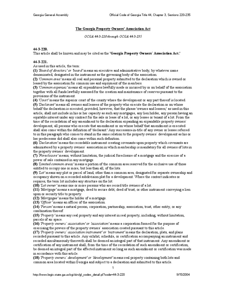 Georgia Property Owners' Association Act | PDF | Mortgage Law | Foreclosure