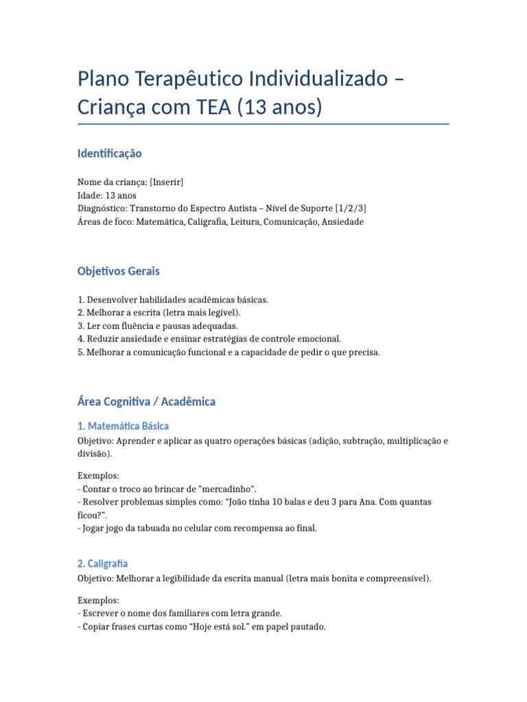 Plano Terapêutico para Criança com TEA | PDF | Autismo | Psicologia