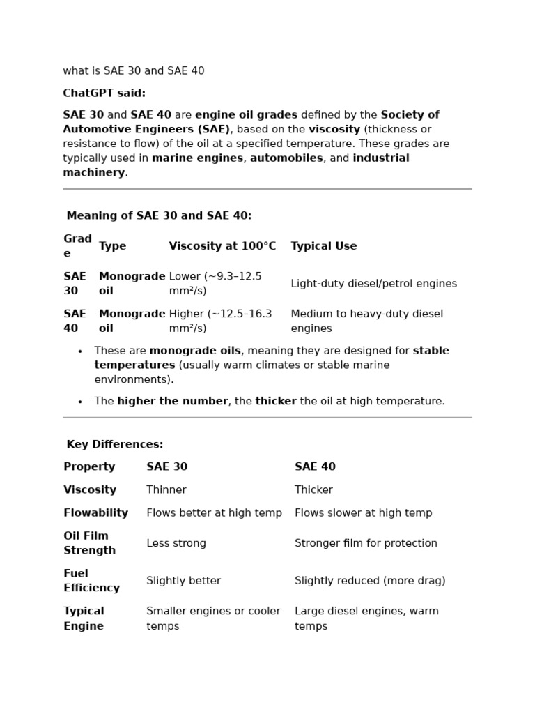 SAE 30 vs SAE 40: Key Differences | PDF