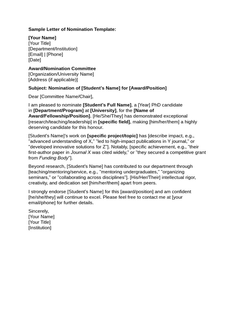 Nomination Letter Template for Awards | PDF