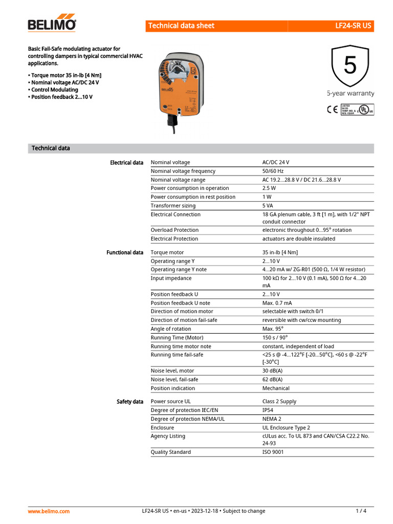 LF24-SR US Modulating Actuator Data | PDF | Alternating Current | Power ...