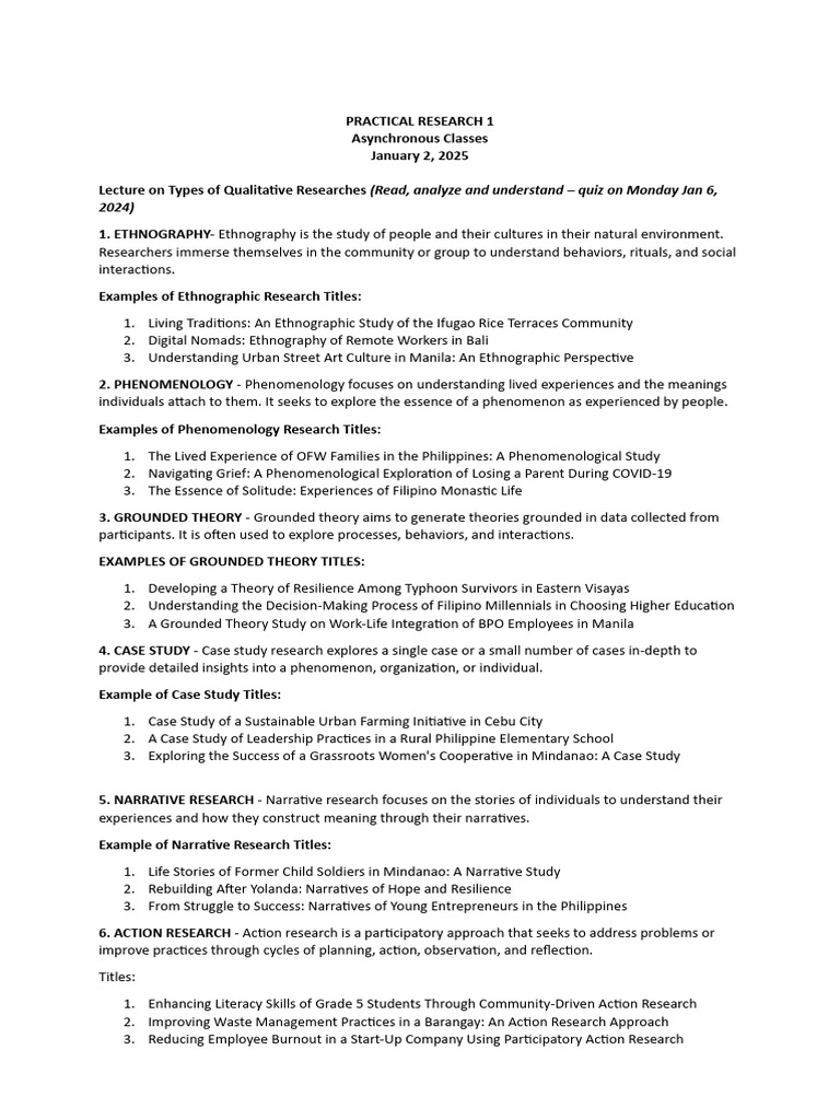 Practical Research 1 Lecture Jan 2 2025 | PDF | Narrative | Ethnography