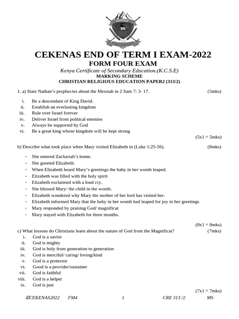 KCSE 2022 CRE Paper 2 Marking Scheme | PDF | Jesus | Disciple ...