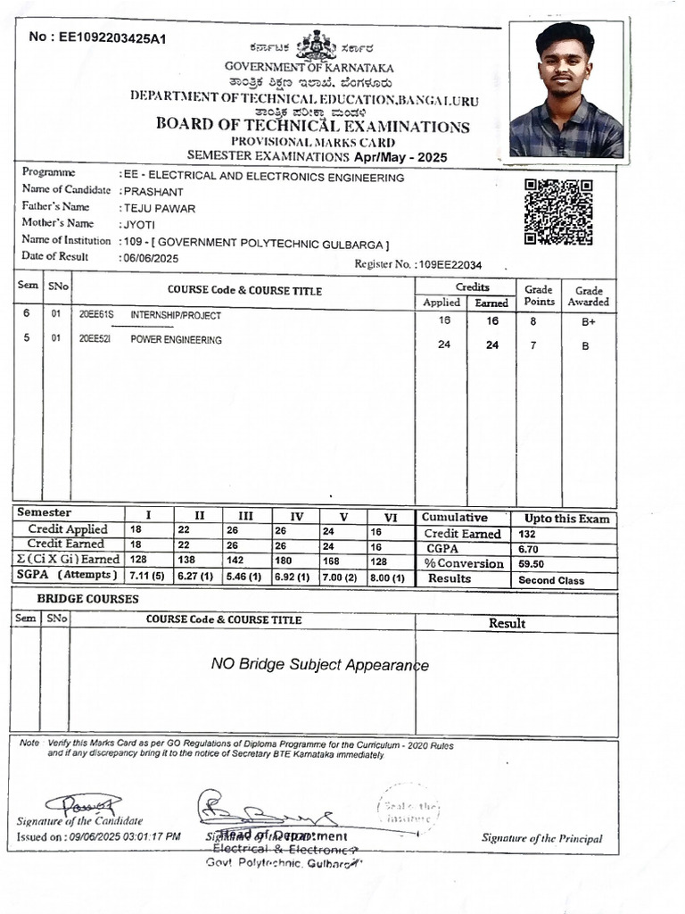 Prashant 6th Sem Marks Card - 20250714-1918 | PDF