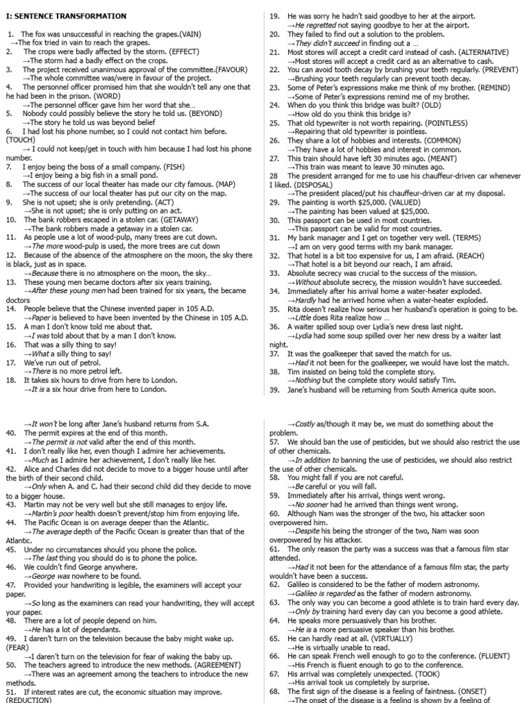 Sentence Transformation Examples | PDF