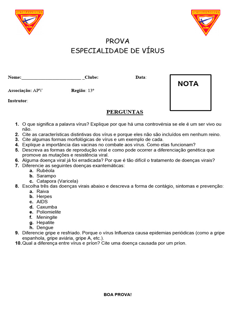 Prova sobre Vírus e Doenças Virais | PDF
