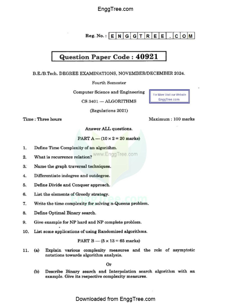 CS3401 Algorithms Nov Dec 2024 Question Paper Download | PDF
