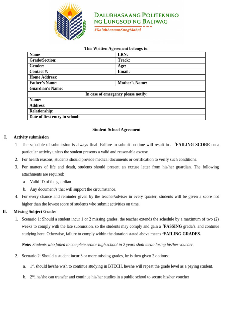 Student-School Agreement Guidelines | PDF