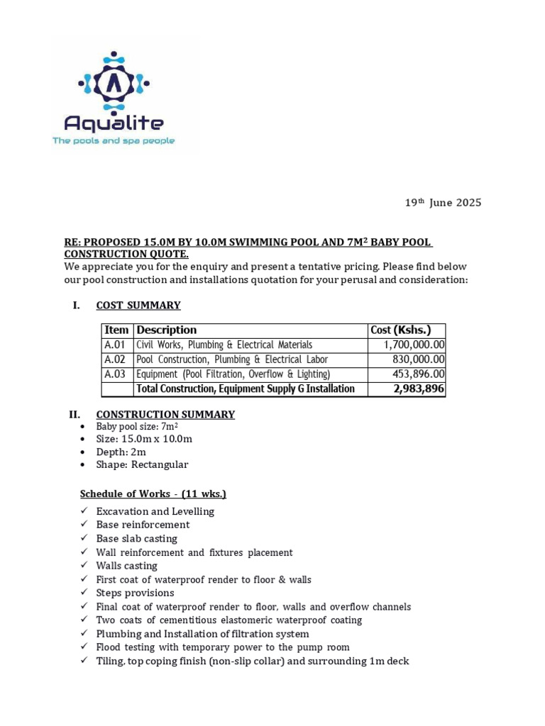 Swimming Pool Construction Quotation | PDF | Swimming Pool | Plumbing