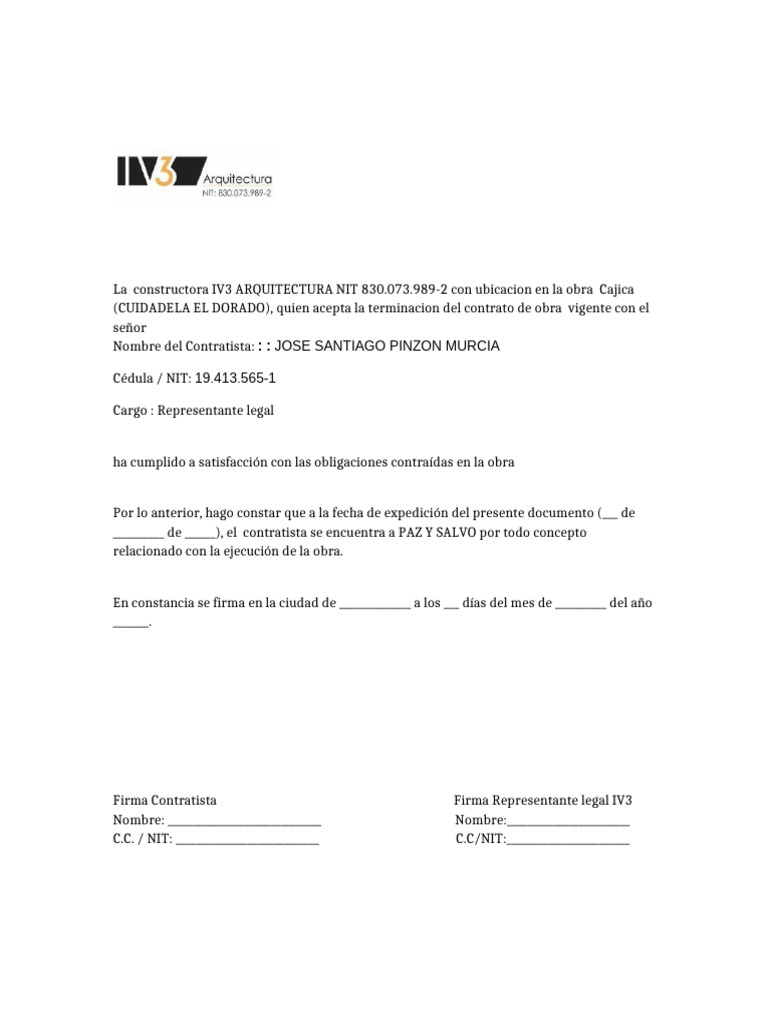 Certificación de Paz y Salvo Contratista | PDF