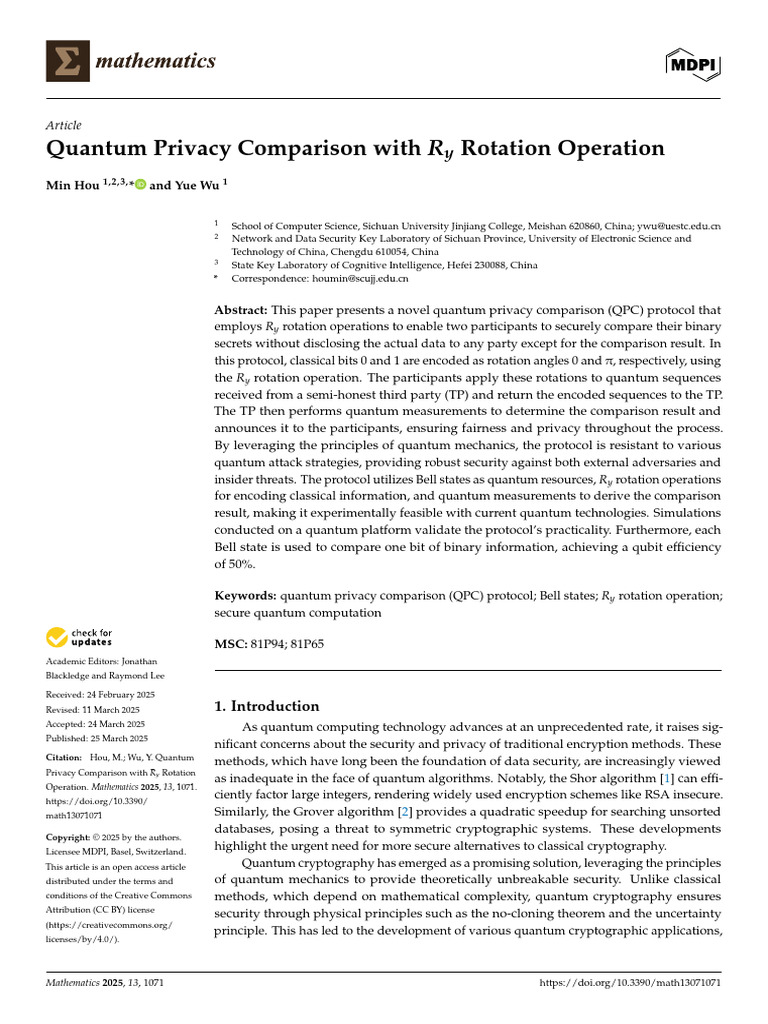 Quantum Privacy with Ry Rotation Protocol | PDF | Quantum Computing ...