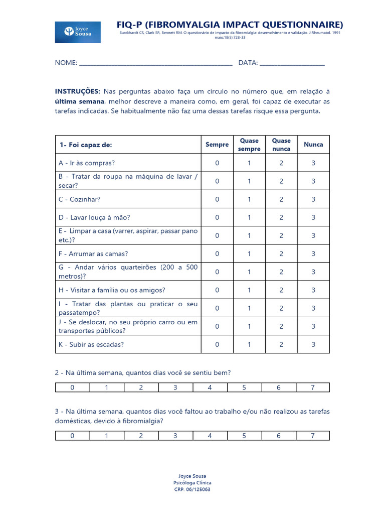 Escala Fibromialgia_fiq-p (Fibromyalgia Impact Questionnaire) | PDF