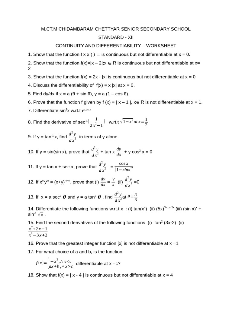 Continuity and Differentiability Worksheet | PDF | Chess Theory | Chess