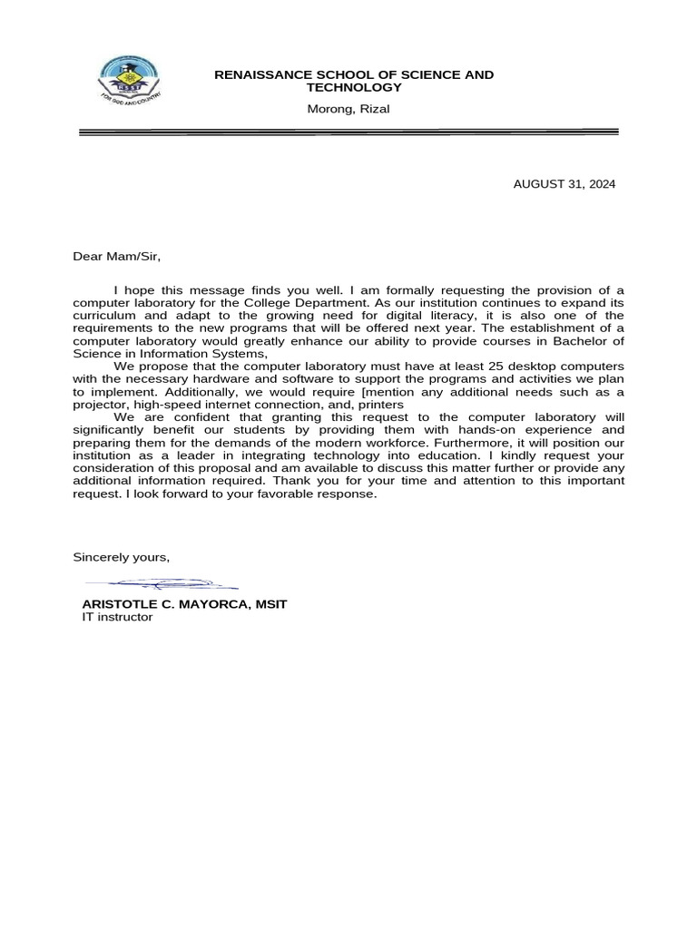 Request for Computer Lab Provision | PDF