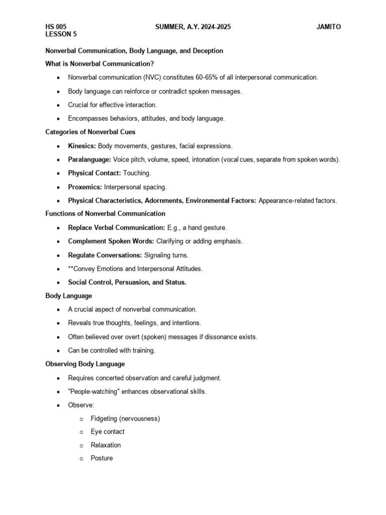 Nonverbal Communication & Deception Insights | PDF | Nonverbal ...