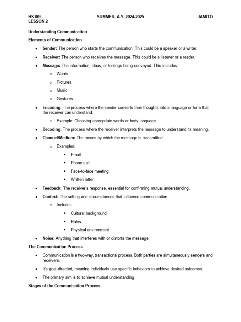(NOTES) HS 005 - Lesson 2 - Understanding Communication | PDF ...