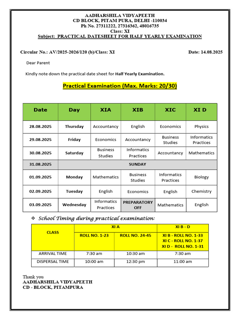 Class XI Half Yearly Practical Datesheet | PDF