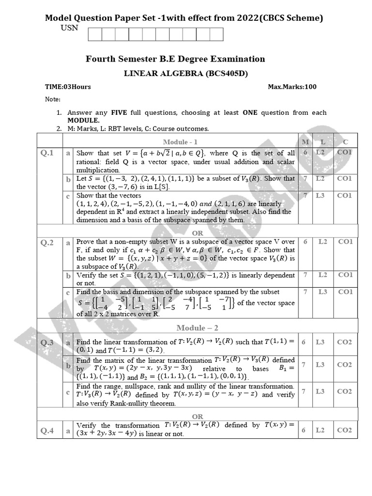 Linear Algebra Model Question Paper Set 1 | PDF | Linear Map | Basis ...