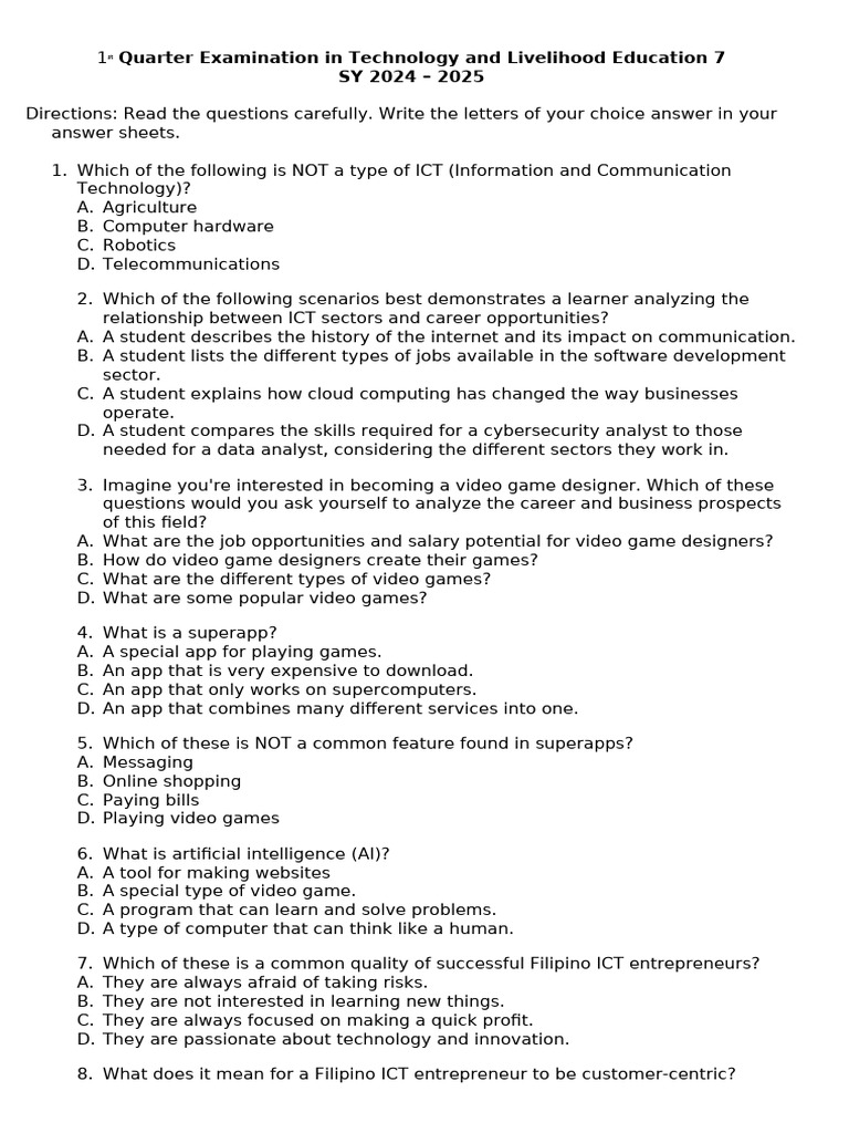 Technology and Livelihood Education Exam | PDF | Spreadsheet | Computing