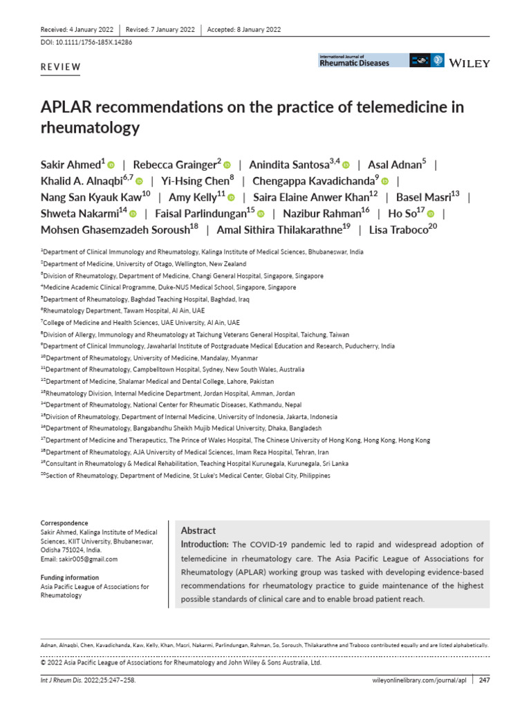 Aplar Recommendation. Int J Rheum Dis. 2022.25.247-258 | PDF ...