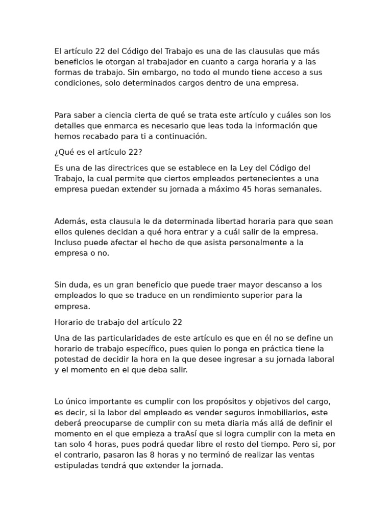 El Artículo 22 Del Código Del Trabajo Es Una de Las Clausulas Que Más ...