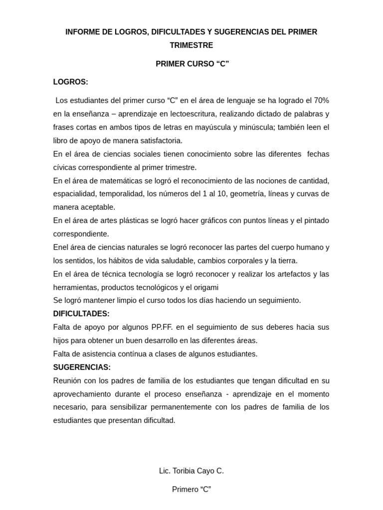 Informe Del Primer Trimestre Primero C | PDF | Aprendizaje