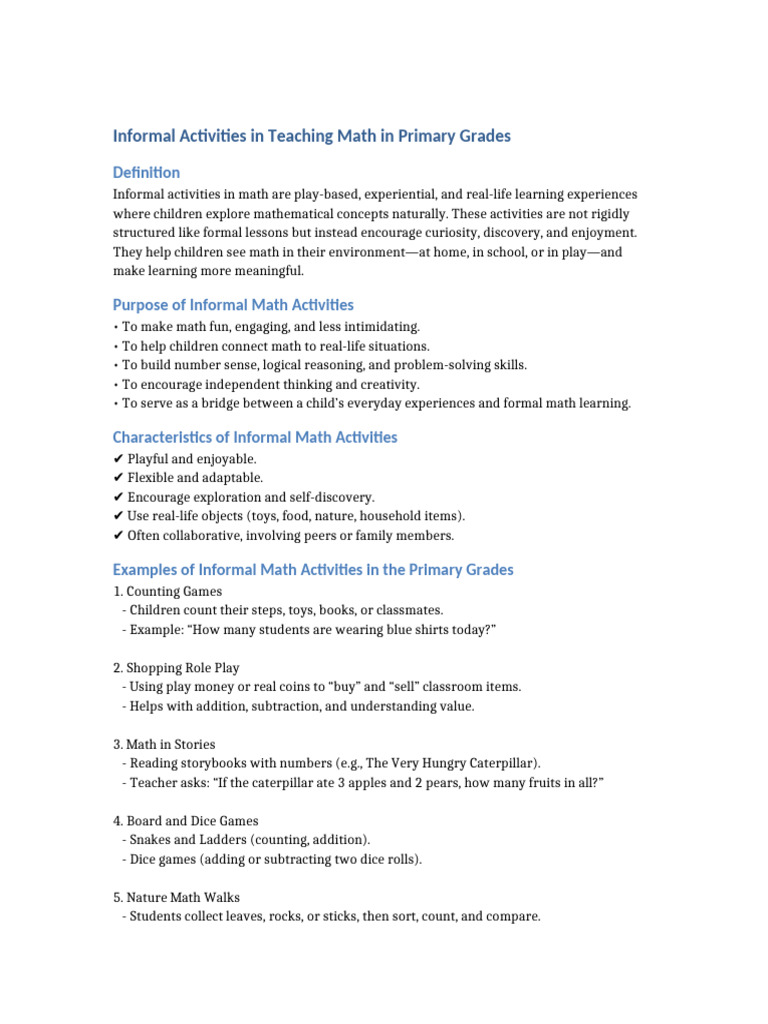 Informal Activities Math Primary | PDF | Mathematics | Learning