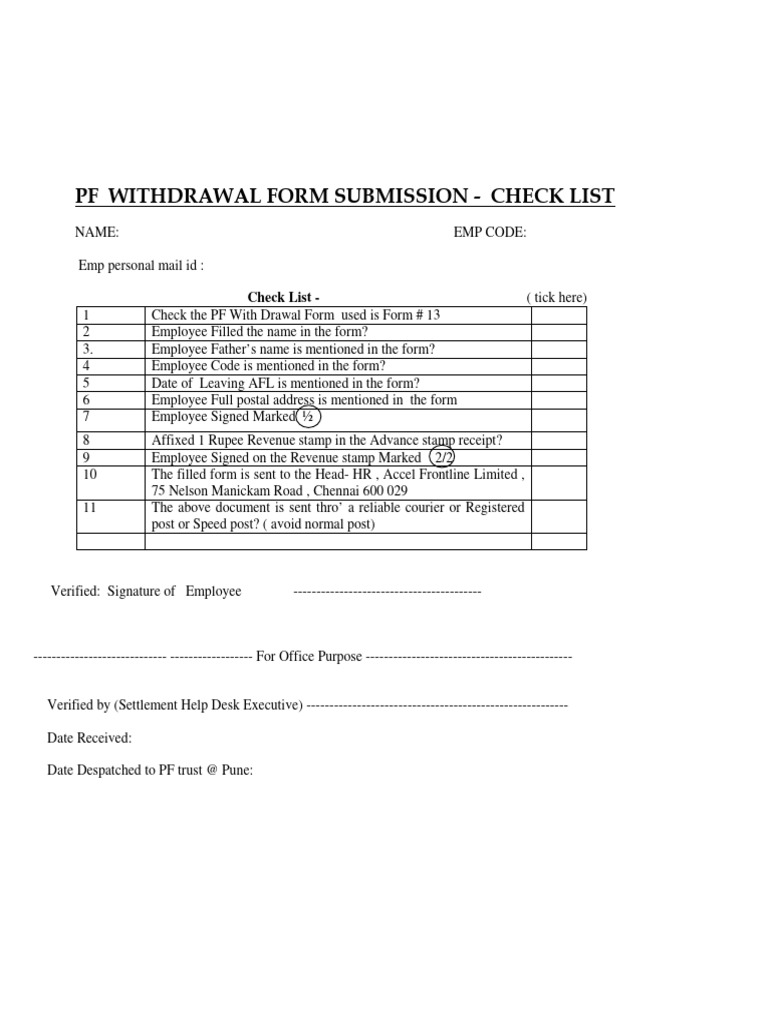 PF Withdrawal Form - With Chekclist | PDF
