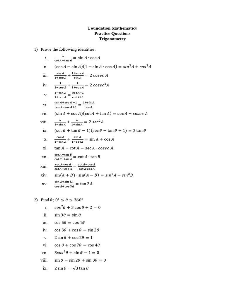 Trigonometry - Practice Questions | PDF | Trigonometry | Elementary ...