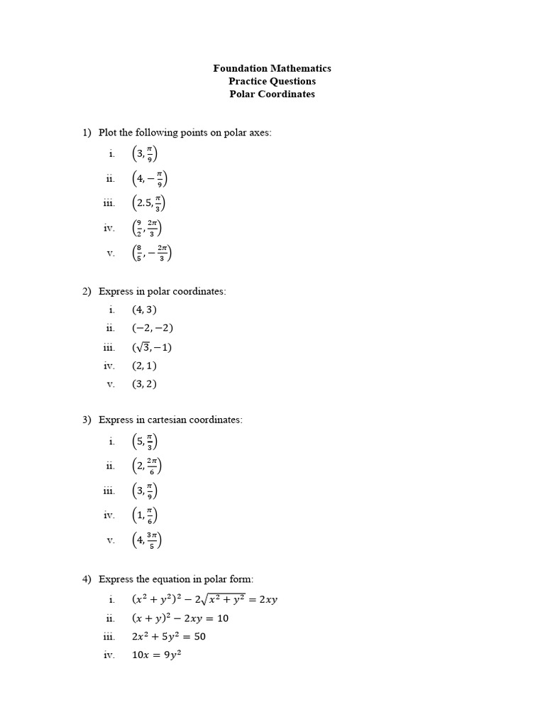 Polar Coordinates - Practice Questions | PDF