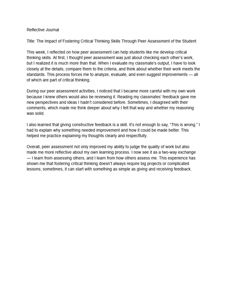 Peer Assessment Enhances Critical Thinking | PDF