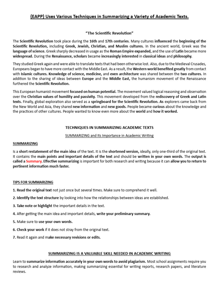 (EAPP) Uses Various Techniques in Summarizing A Variety of Academic ...
