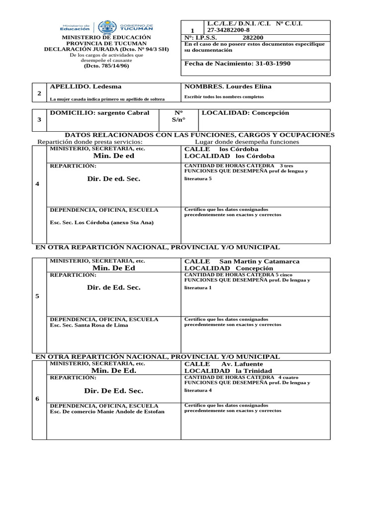 Declaración Jurada Docente Tucumán 2025 | PDF