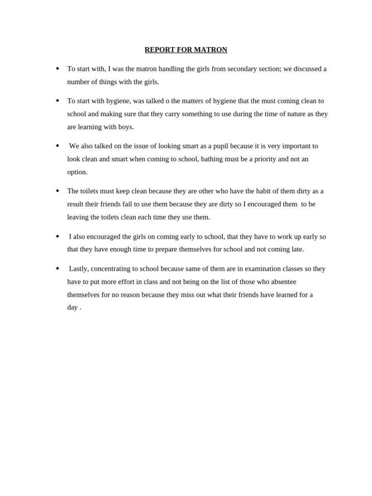 Matron's Report on Student Hygiene and Focus | PDF