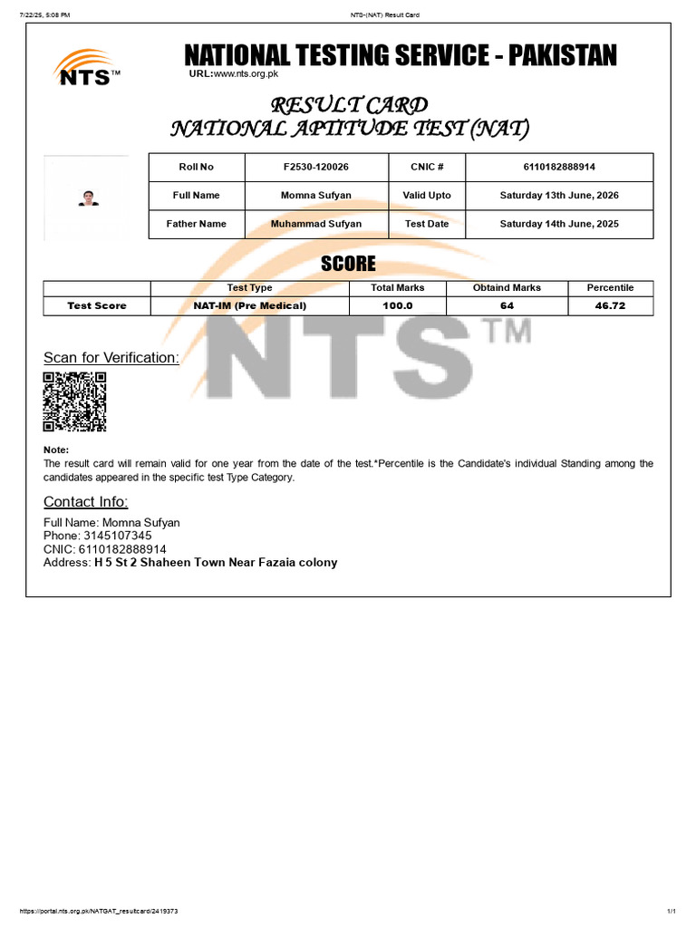 NTS - (NAT) 6 Result Card | PDF