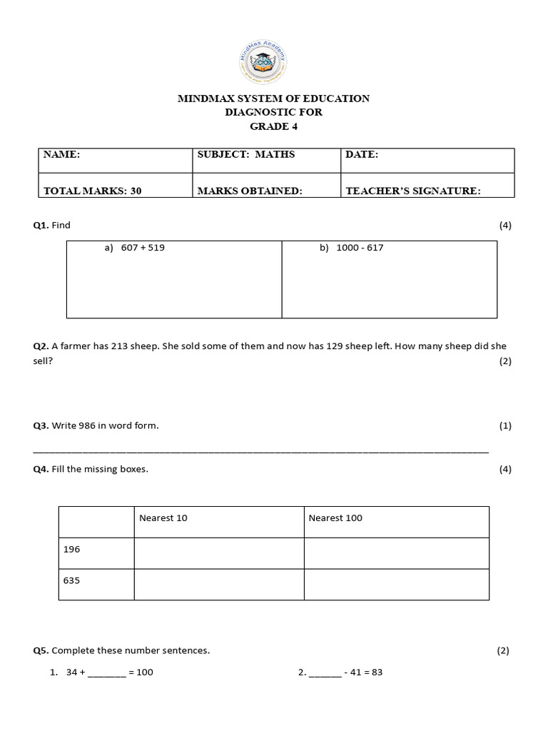 Grade 4 Maths Admission Test Paper | PDF
