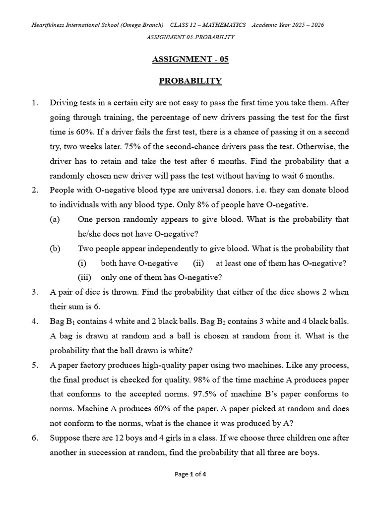 Class 12 Probability Assignment 2025-2026 | PDF | Probability ...