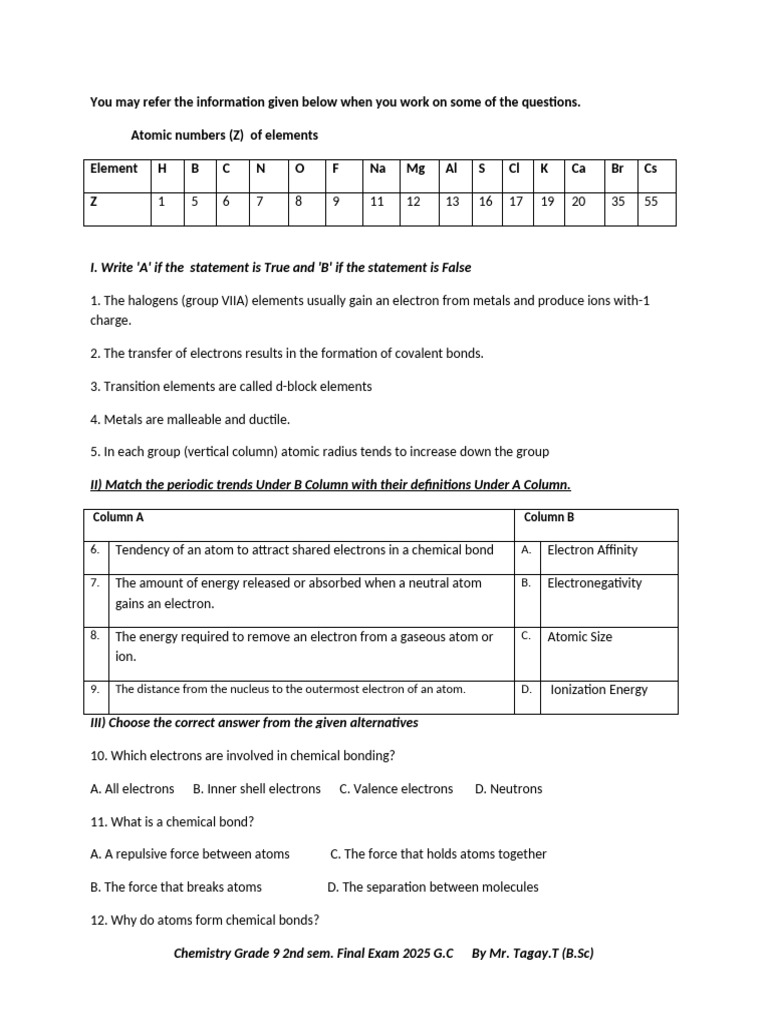 Grade 9 Chemistry Exam Review | PDF | Chemical Bond | Periodic Table