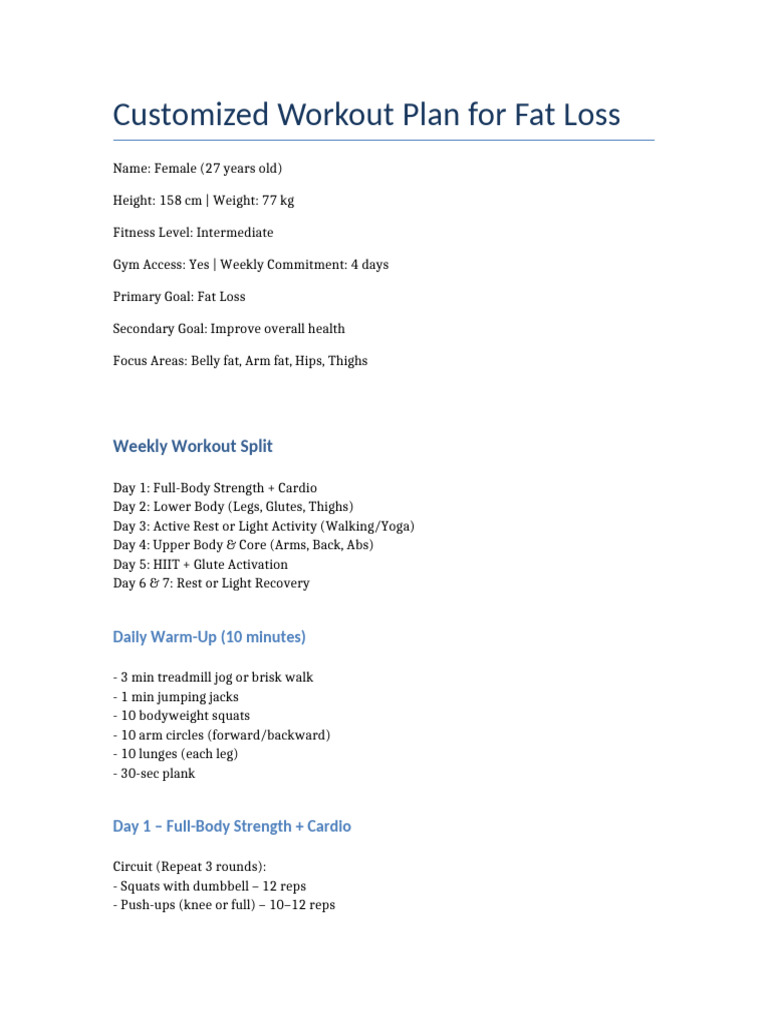 Fat Loss Workout Plan for Women | PDF