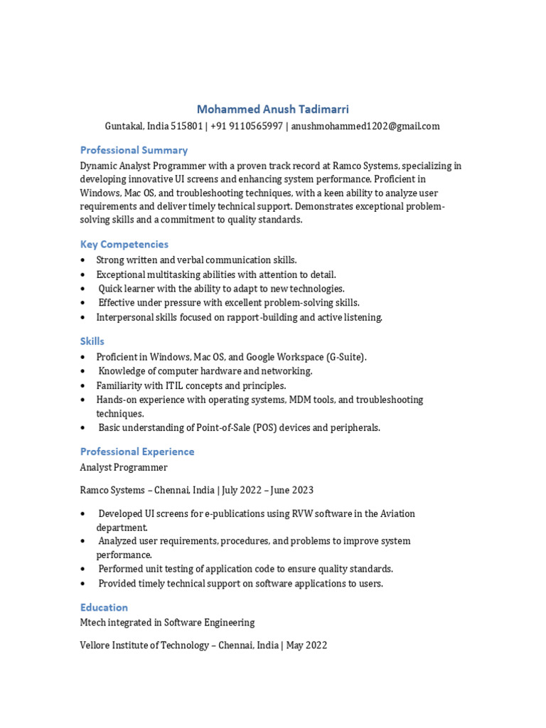 Analyst Programmer Resume - Mohammed Tadimarri | PDF