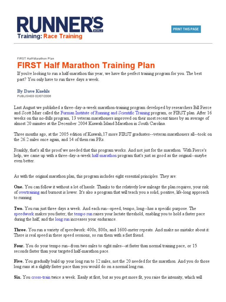 3-Day Half Marathon Training Plan at Runner's World | PDF | Marathon | Determinants Of Health