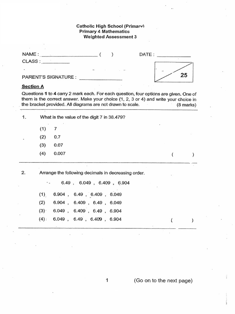 2024 P4 Maths Weighted Assessment 3 Catholic High | PDF