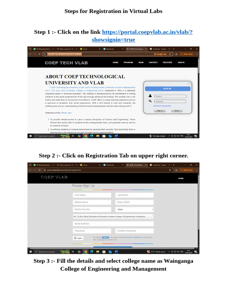 CoEP Virtual Lab Registration Guide | PDF