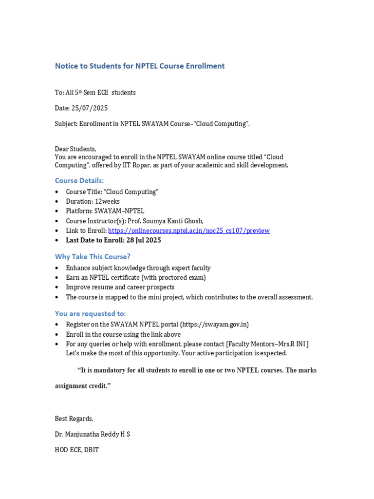 NPTEL Cloud Computing Course Enrollment | PDF