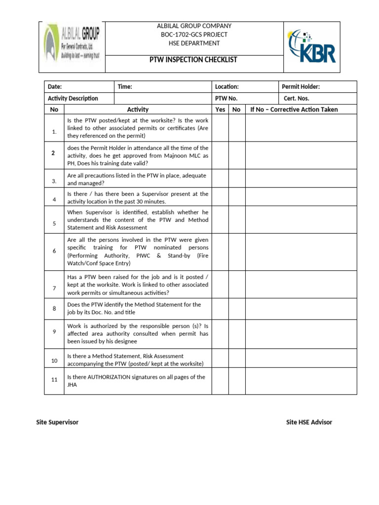PTW Inspection Checklist for BOC-1702-GCS | PDF