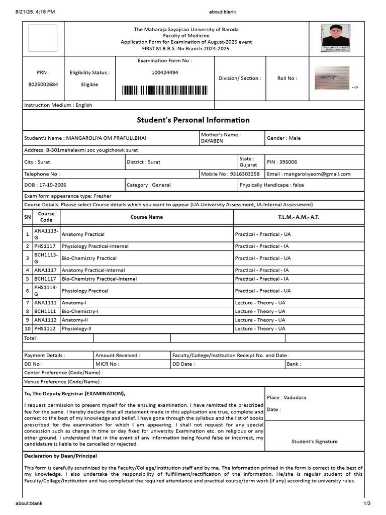MSU Baroda M.B.B.S. Exam Application 2025 | PDF