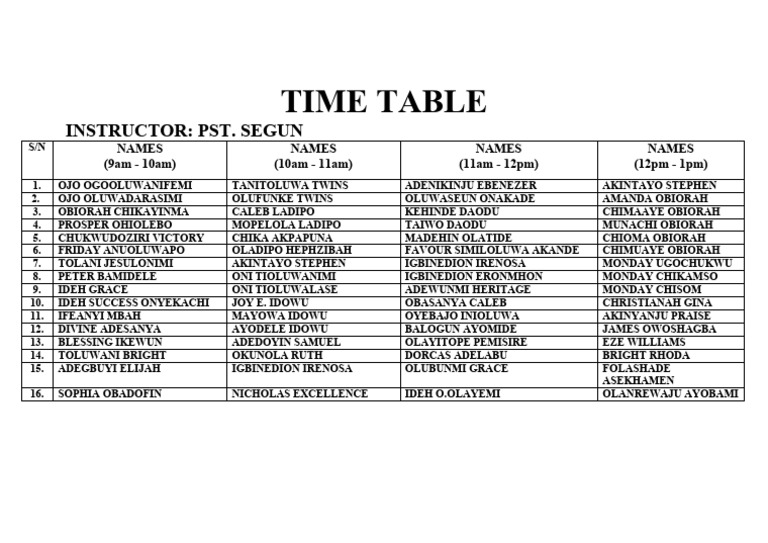 Timetable For PST Segun's Class-2 | PDF